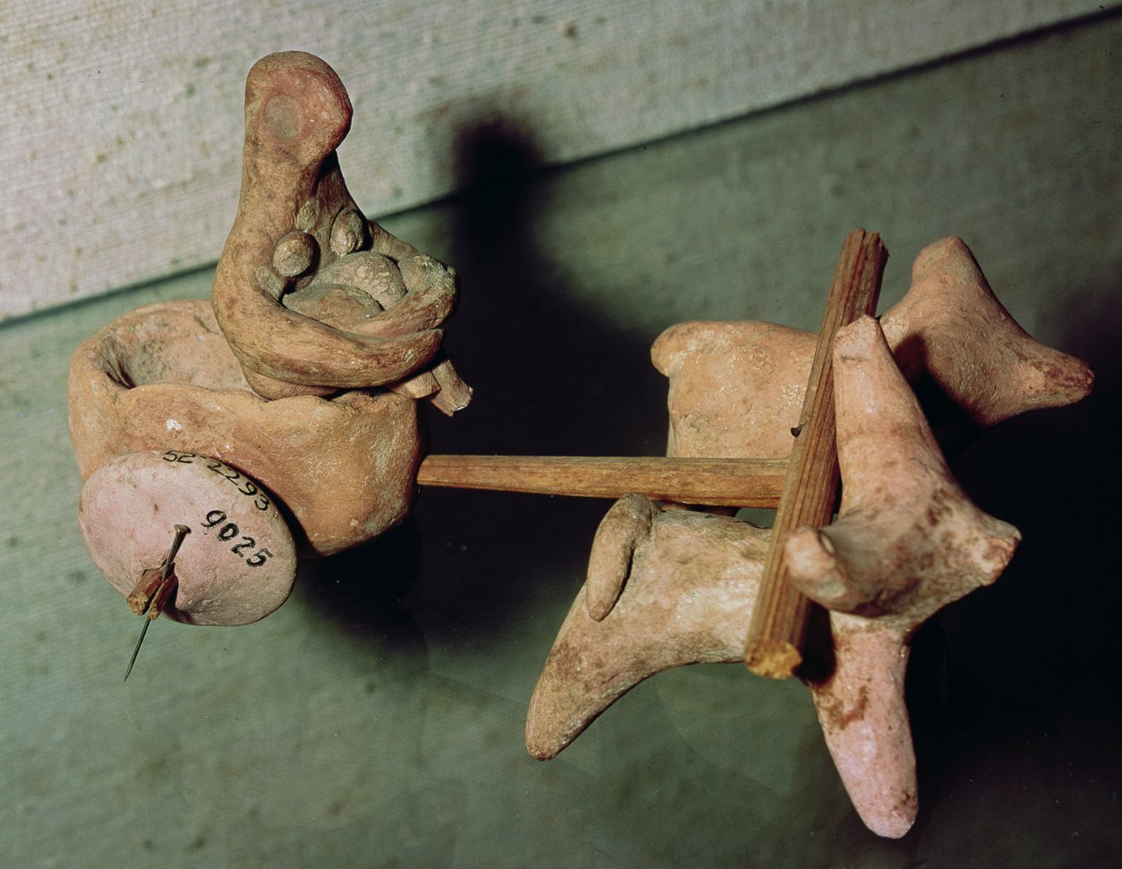 Model af en vogn trukket af to okser, fra Mohenjo-Daro, Indus Valley, Pakistan, 3000-1500 f.Kr. af Harappan
