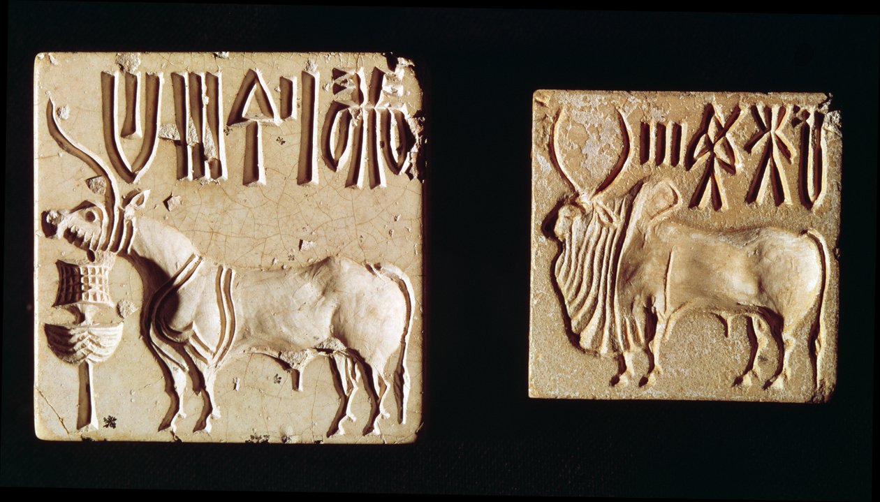 To sæler, der forestiller mytologiske dyr, fra Mohenjo-Daro, ca. 2300 f.Kr. af Harappan