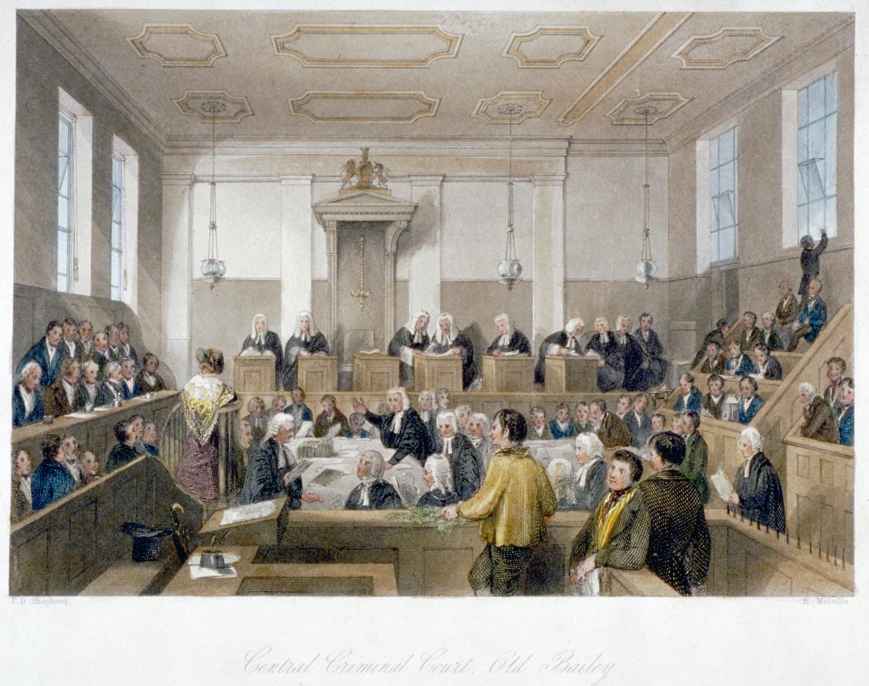 Inde i Central Criminal Court, Old Bailey, med en domstol i møde, City of London, 1840 af Harden Sidney Melville