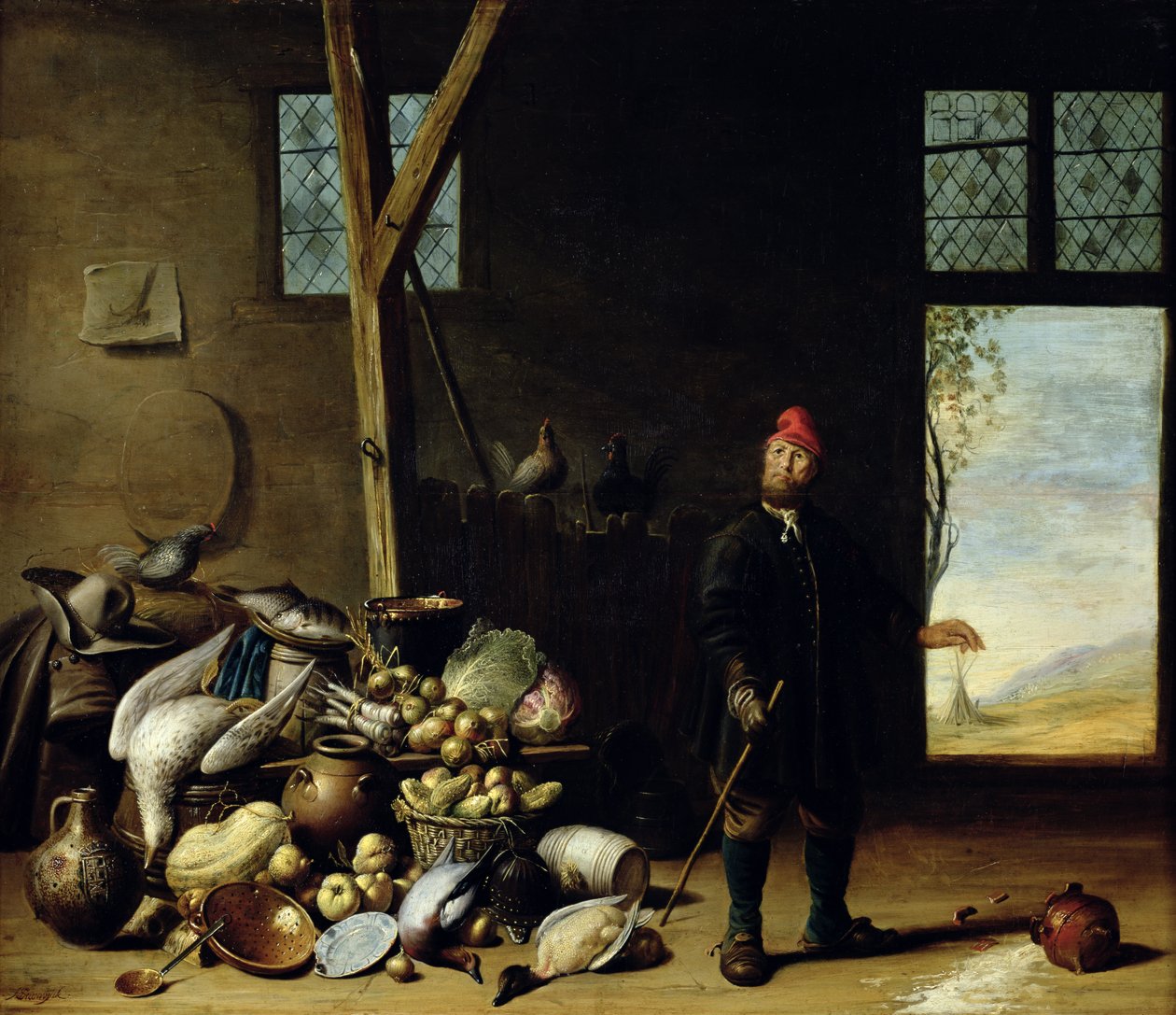 Bonde i et interiør eller, køkken med et stilleben af Harmen van Steenwyck