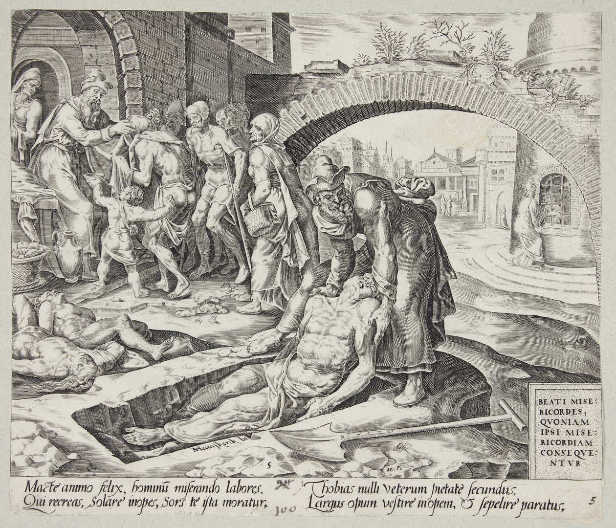 Salige er de barmhjertige. Tobit begraver de døde, klæder de nøgne på og fodrer de sultne af Harmen Jansz. Muller