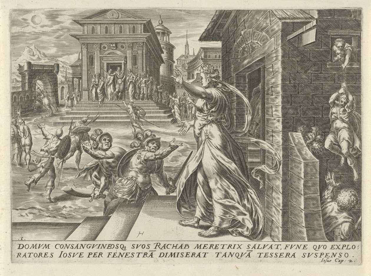 Rahab lader spionerne flygte gennem vinduet The History of Joshua (serietitel) af Harmen Jansz Muller