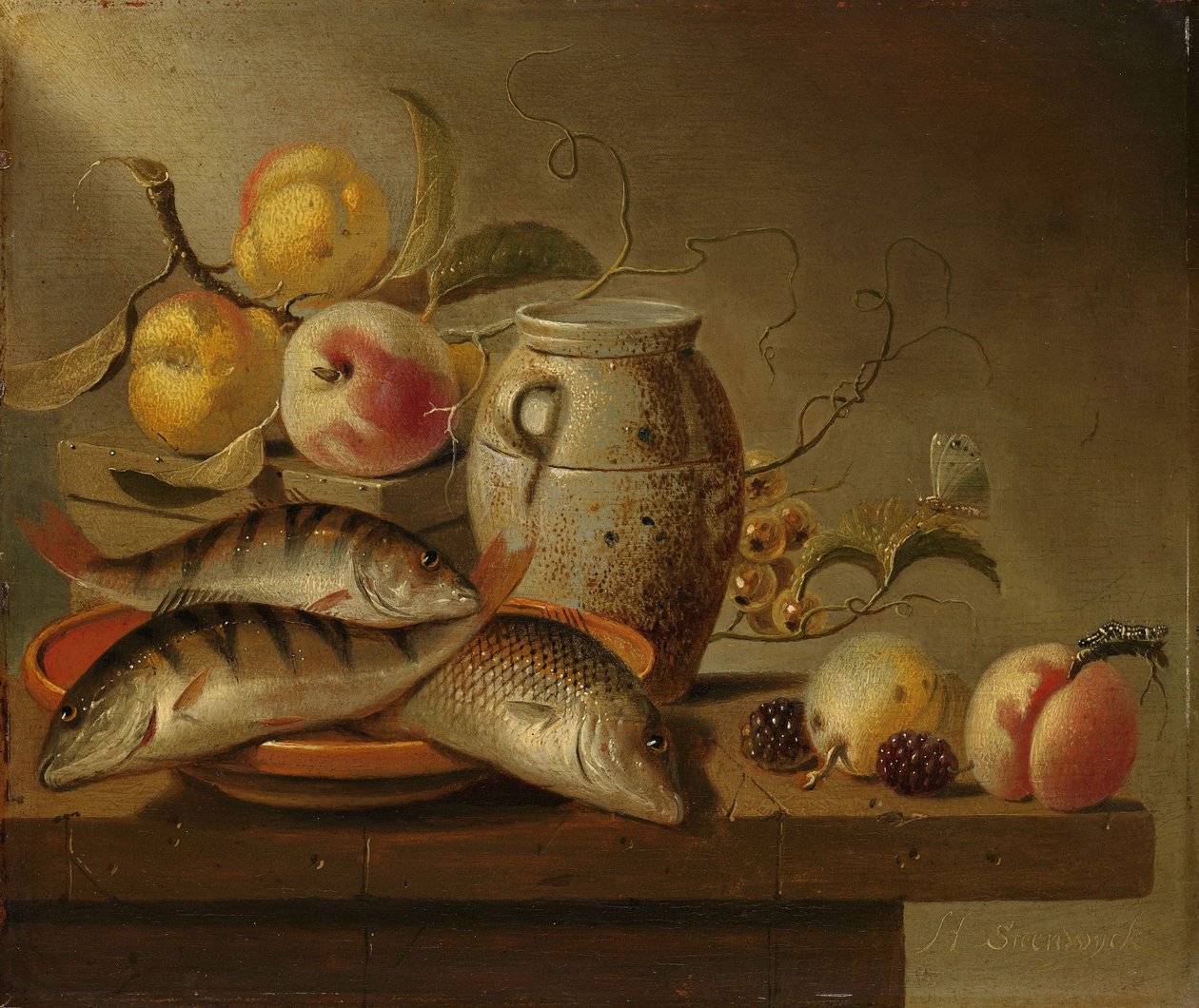 Stilleben med lerkrukke, fisk og frugt af Harmen Steenwijck