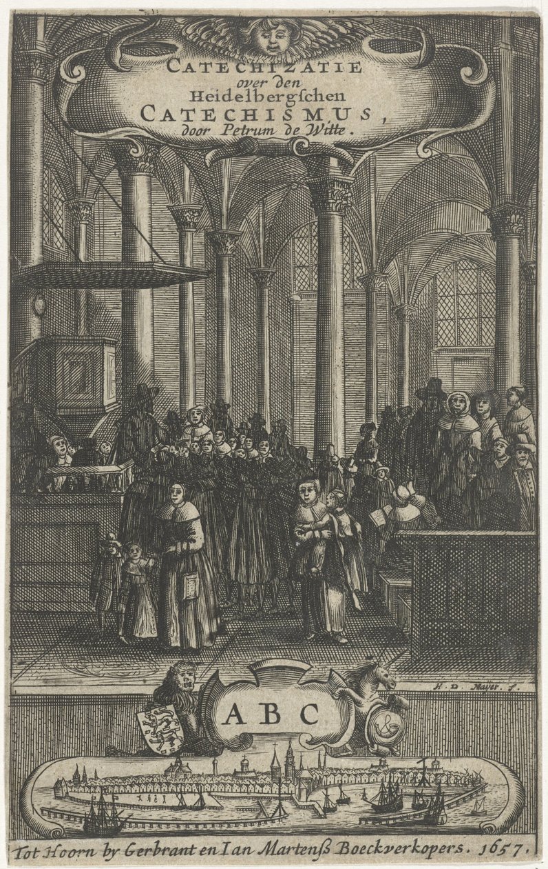 Kirkens interiør Titelside for: P. de Witte, Katekisation over Heidelbergschen-katekismen, 1657 af Harmen de Mayer