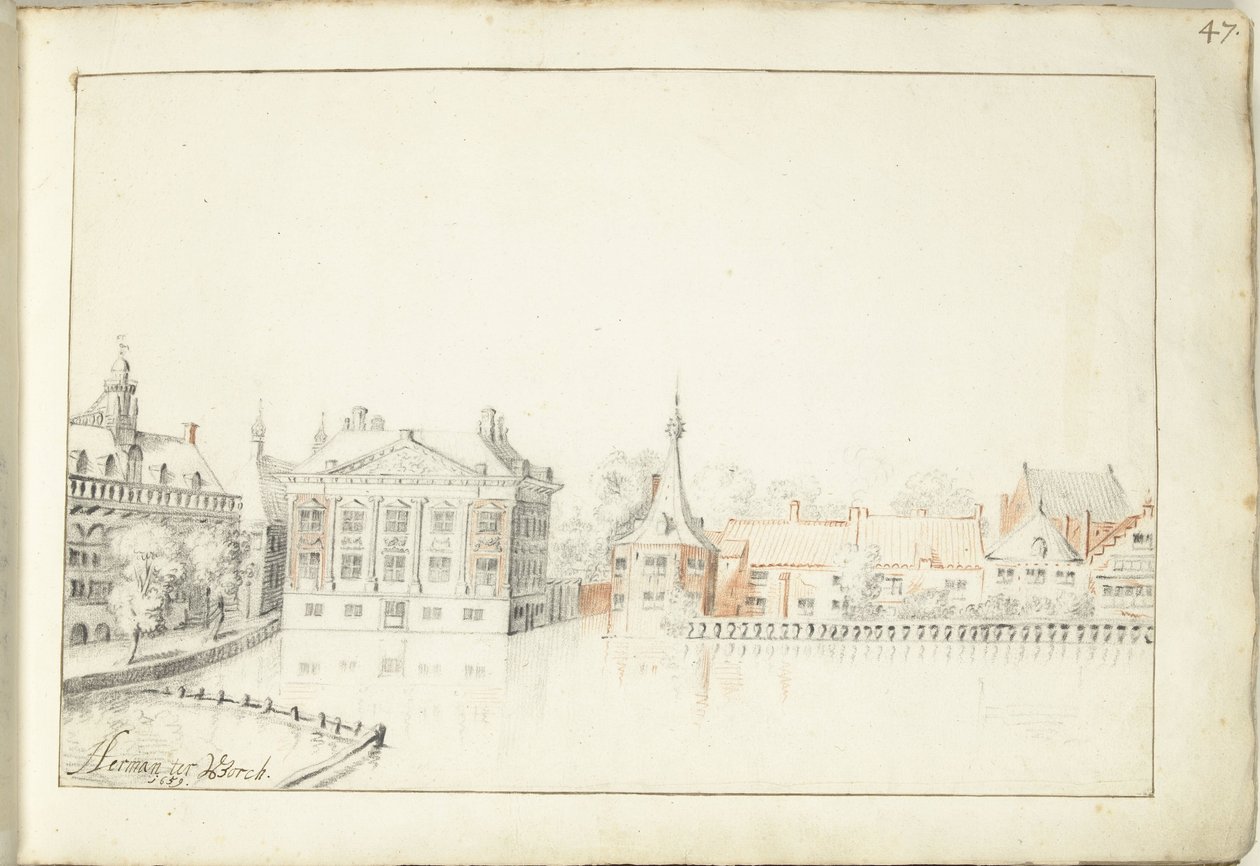 Udsigt over bygningerne på Hofvijver, Haag af Harmen ter Borch (signed by artist)