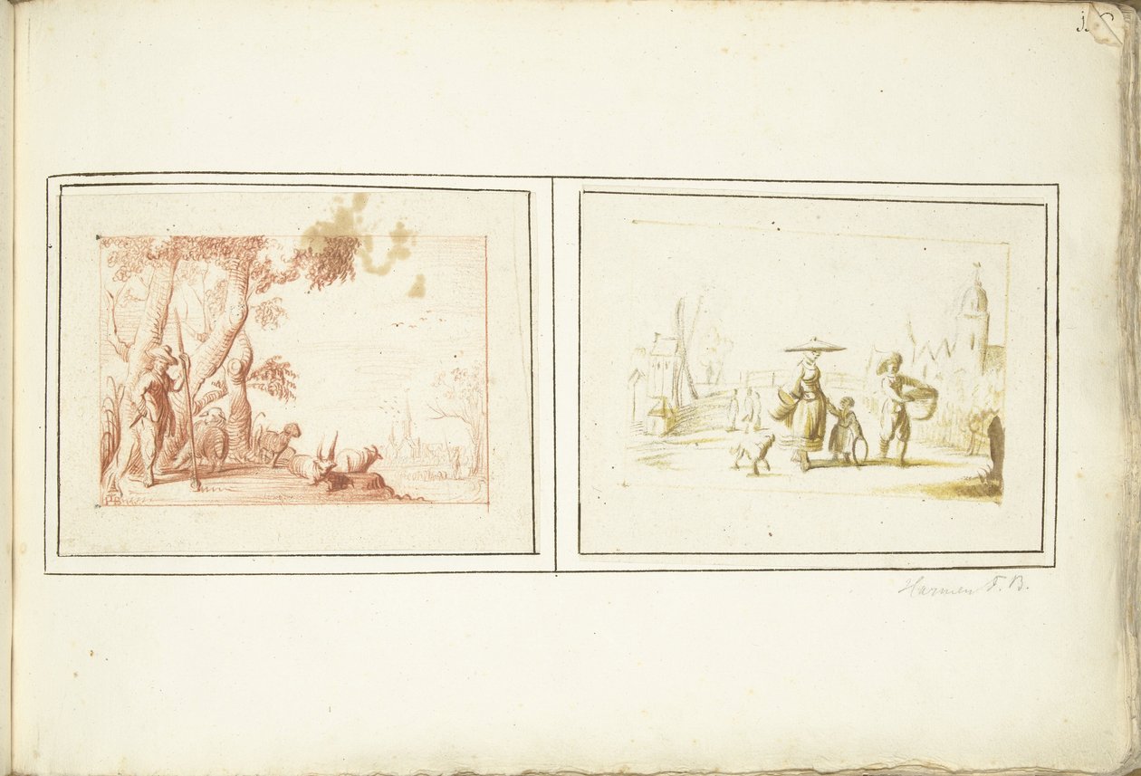 Hyrde med sit kvæg og gadebillede af Harmen ter Borch (signed by artist)
