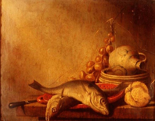 En pande med fisk, en stentøjskande, løg og frugt af Harmen van Steenwyck