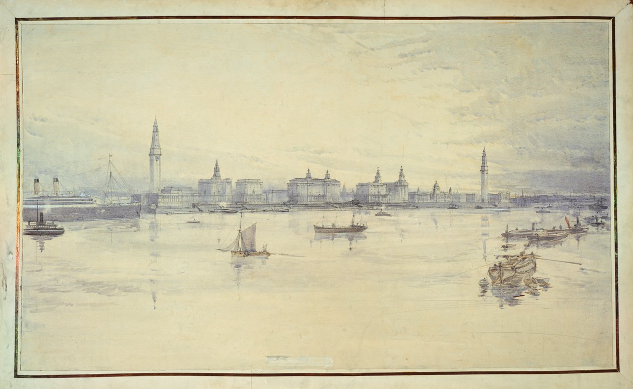 Projekt for Liverpool Waterfront (pen og blæk og wc på papir) af Harold Chalton Bradshaw