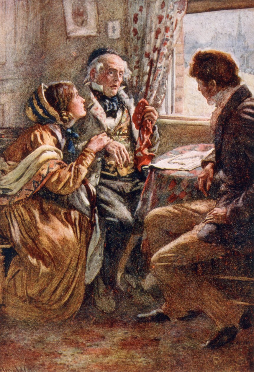 Arthur Clennam fortæller den gode nyhed, illustration til "Character Sketches from Dickens", samlet af B.W. Matz, 1924 af Harold Copping