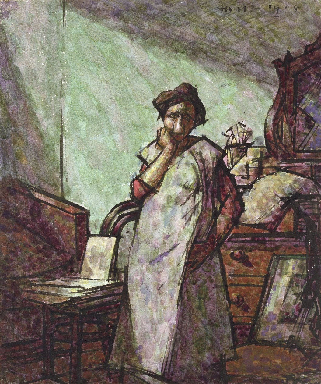 Interiør med fru Mounter i en overall, 1. december 1918 (pen og sort blæk og akvarel) af Harold Gilman