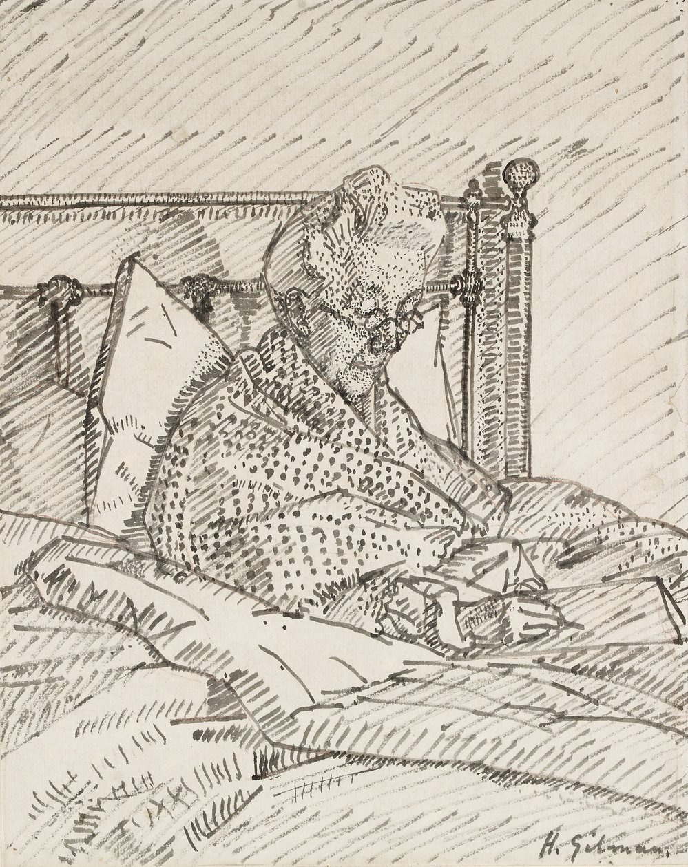 Portræt af kunstnerens mor, der skriver i sengen (rørpen og gråt blæk over angivelser med rødt kridt) af Harold Gilman