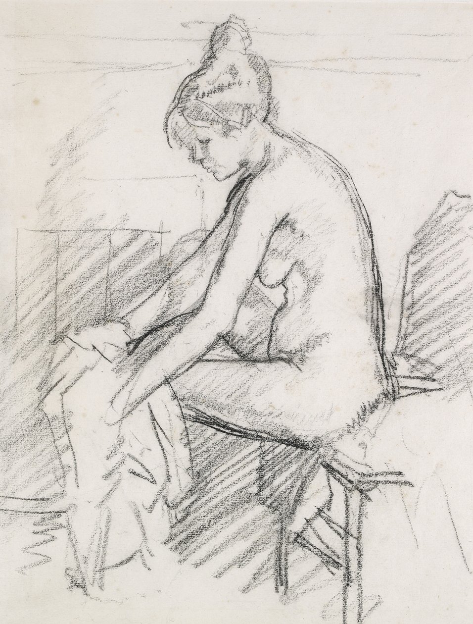 Studie af en nøgen kvinde, siddende og tørrer sin højre fod (kul) af Harold Gilman