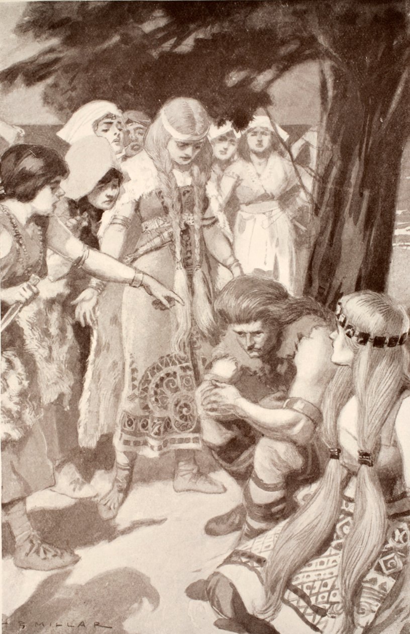 Cuchulainn irettesat af Emer, illustration fra "Celtic Myth and Legend" af Charles Squire, 1905 af Harold Robert Millar