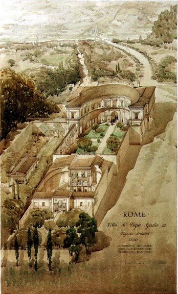 Et perspektivbillede af Villa di Papa Giulio i Rom af Harold Chalton Bradshaw