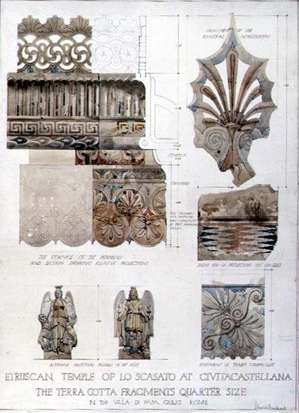 Studier af fragmenter fra det etruskiske tempel Lo Scasato i Civitacastellana og fra Villa di Papa Giulio i Rom, ca. 1910 (pen & blæk og akvarel på papir) af Harold Chalton Bradshaw
