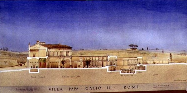 Udsigt over søjlegangen og haven til Villa di Papa Giulio i Rom af Harold Chalton Bradshaw