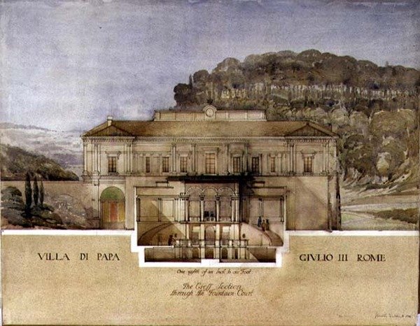 Udsigt over tværsnittet gennem springvandsgården i Villa di Papa Giulio i Rom af Harold Chalton Bradshaw