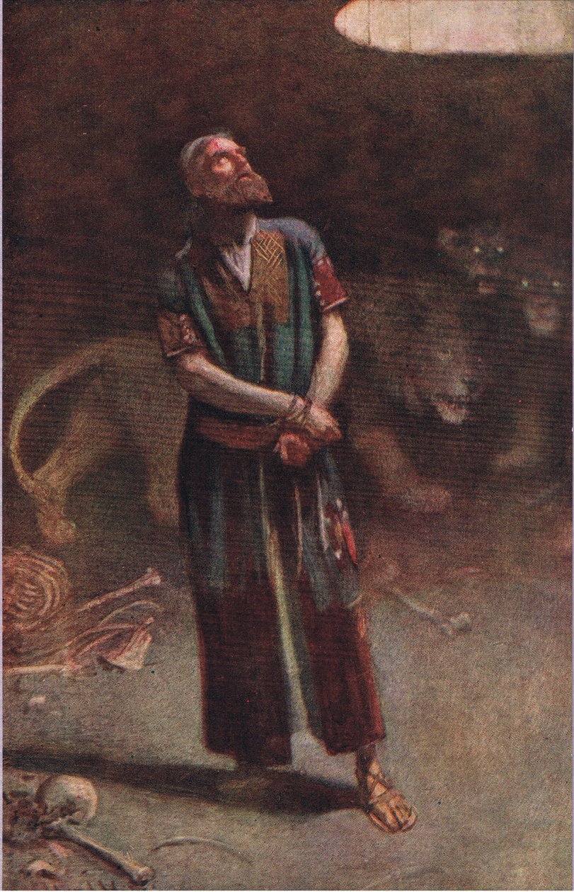 Daniel i løvehulen, illustration fra Pictures That Teach The Crown Series, 1920 af Harold Copping