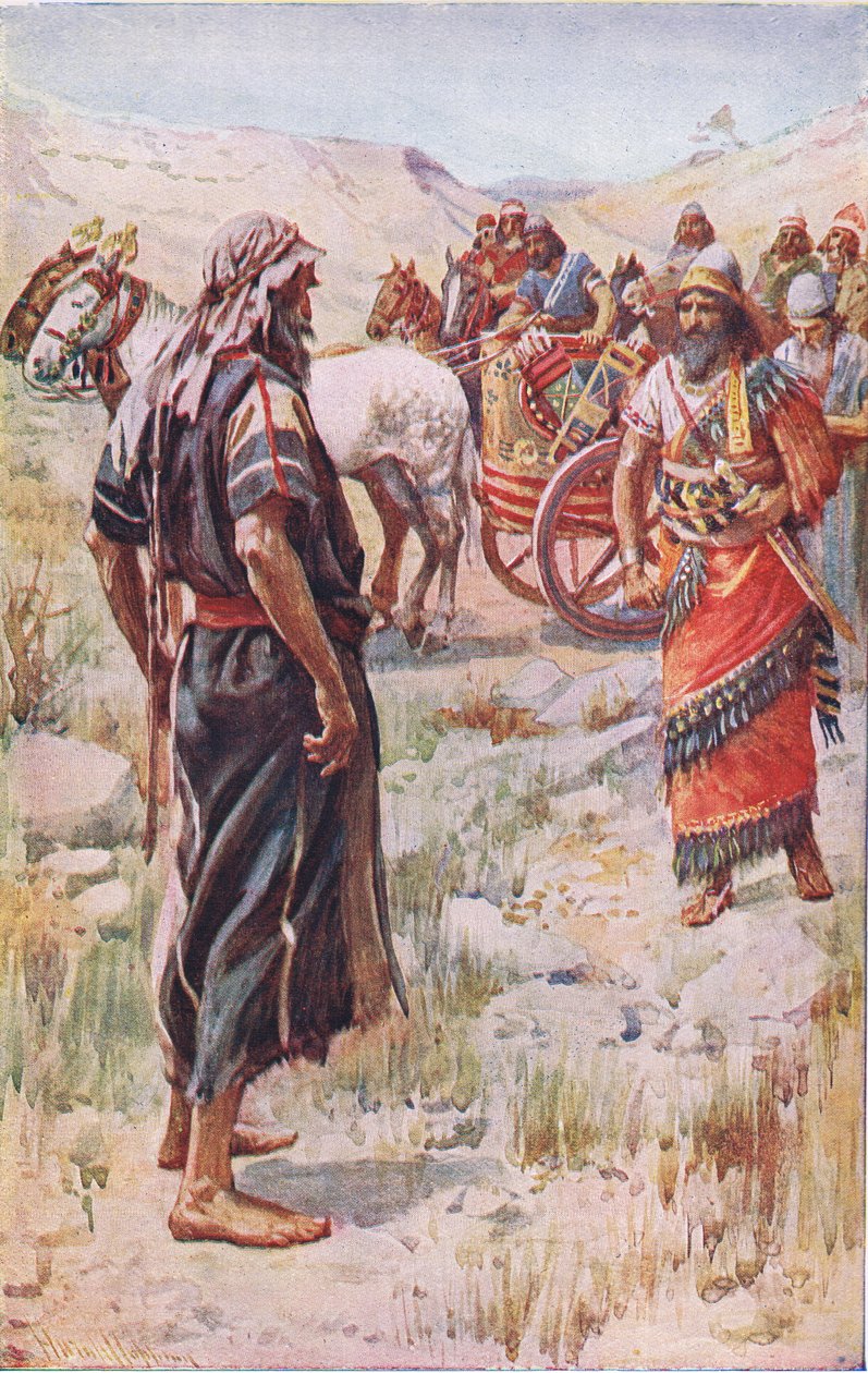 Elijah og Akab, illustration fra Pictures That Teach The Crown Series, 1920 af Harold Copping