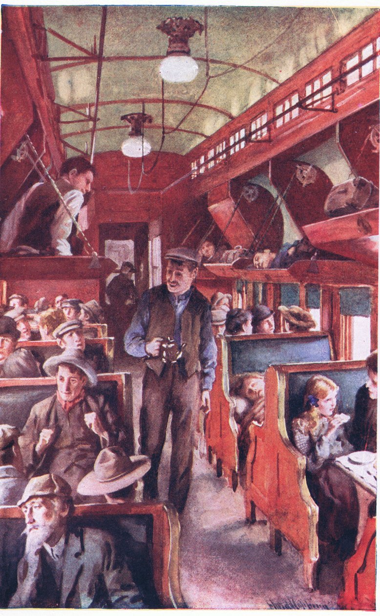 Interiør af et canadisk emigranttog ca. 1900 (farvelitografi) af Harold Copping