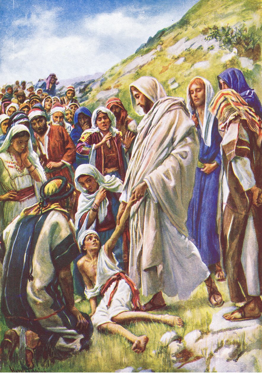 Jesus helbreder den lille dreng, illustration fra Harold Copping Pictures: The Crown Series, ca. 1920