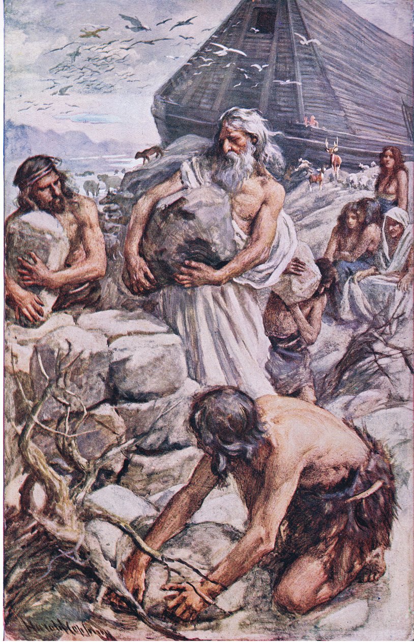 Noah bygger sit alter, illustration fra Pictures That Teach The Crown Series, 1920 af Harold Copping
