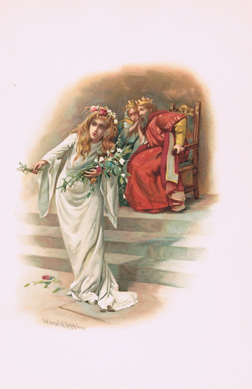Ophelia med kongen og dronningen, illustration fra Hamlet af Harold Copping
