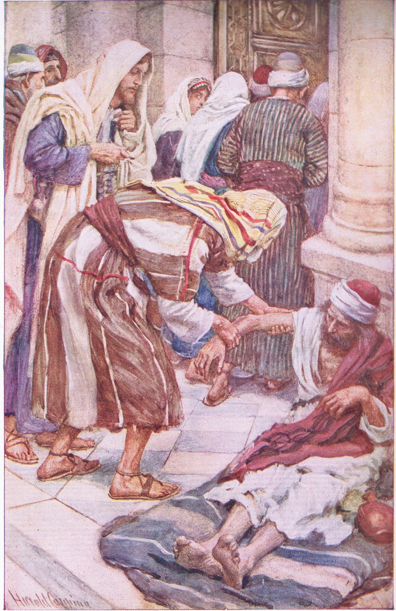 Peter og Jacob ved den smukke port, illustration fra Pictures That Teach The Crown Series, 1920 af Harold Copping