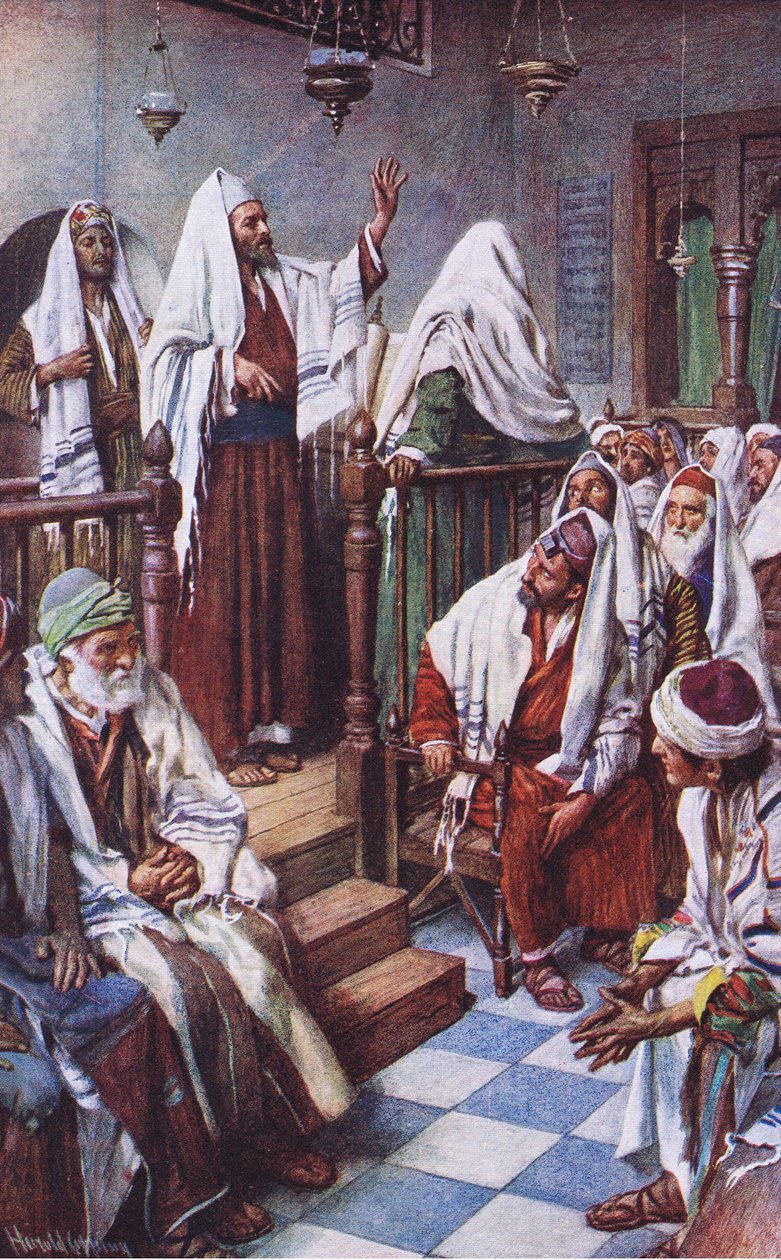 St. Paul prædiker i synagogen i Antiokia, illustration fra Harold Copping Pictures: The Crown Series, ca. 1920