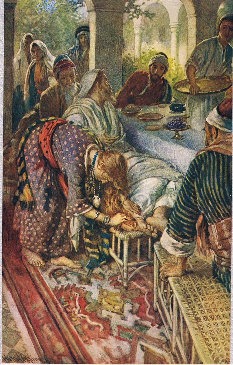 Kvinden med æsken med salve, illustration fra "Women of the Bible", udgivet af The Religious Tract Society, 1927 af Harold Copping