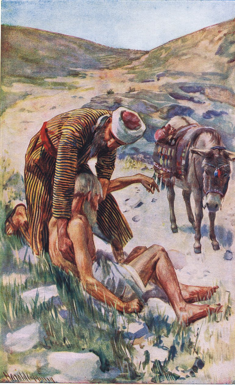 Den barmhjertige samaritan, illustration fra Harold Copping Pictures: The Crown Series, ca. 1920