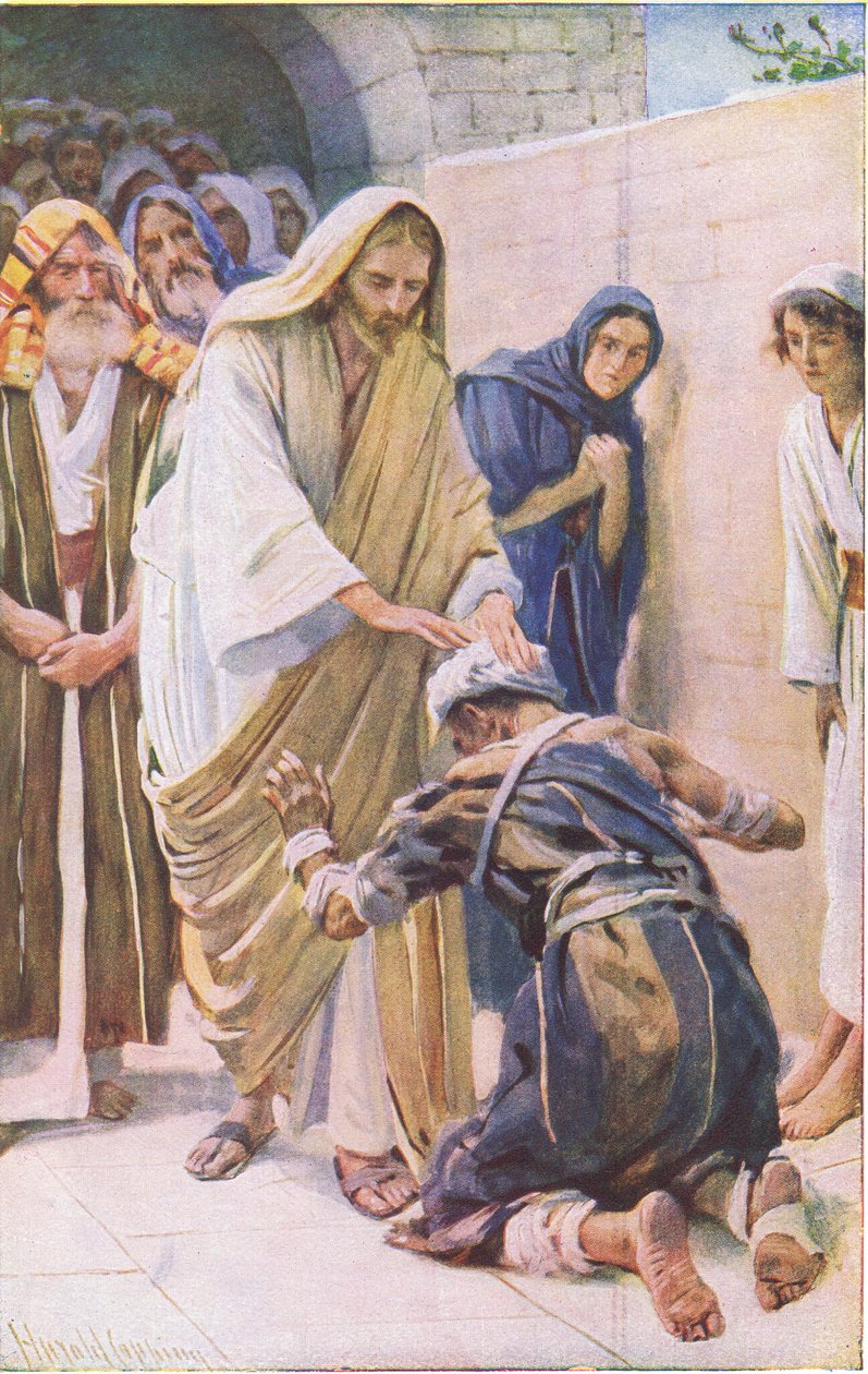Helbredelsen af den spedalske, illustration fra Harold Copping Pictures: The Crown Series, ca. 1920