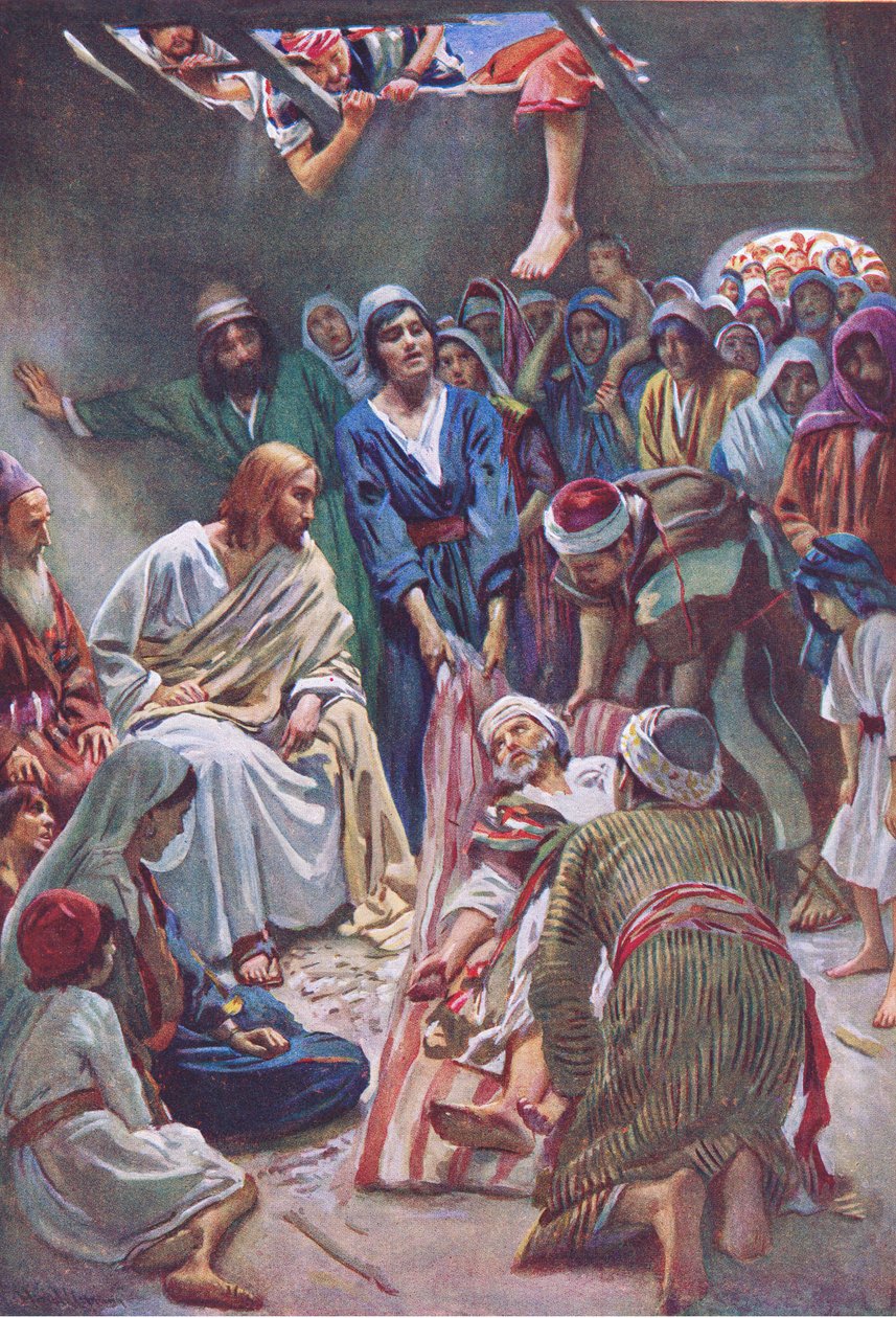 Manden slap ned gennem taget, illustration fra Harold Copping Pictures: The Crown Series, ca. 1920