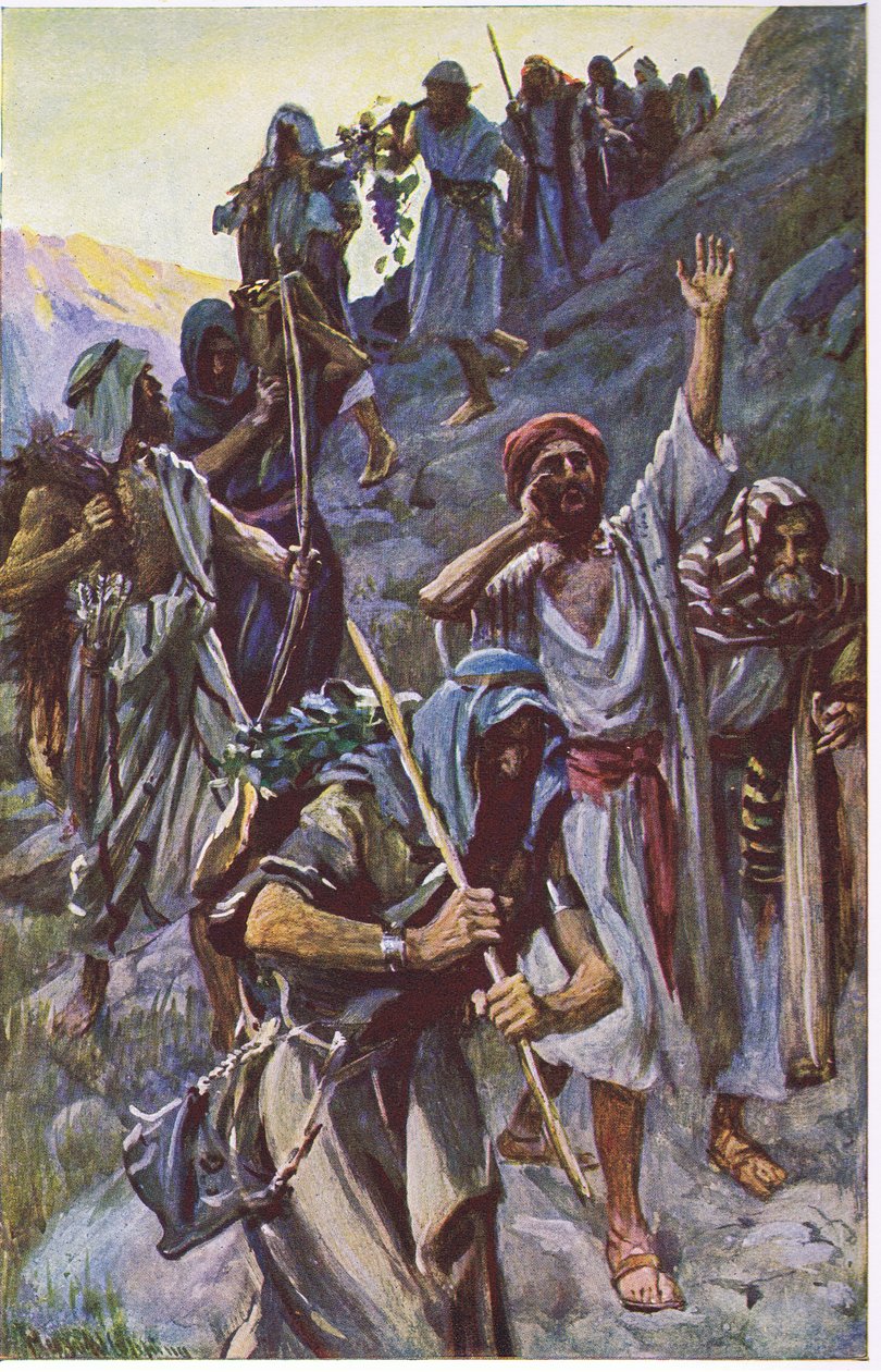Spionernes tilbagevenden, illustration fra Pictures That Teach The Crown Series, 1920 af Harold Copping