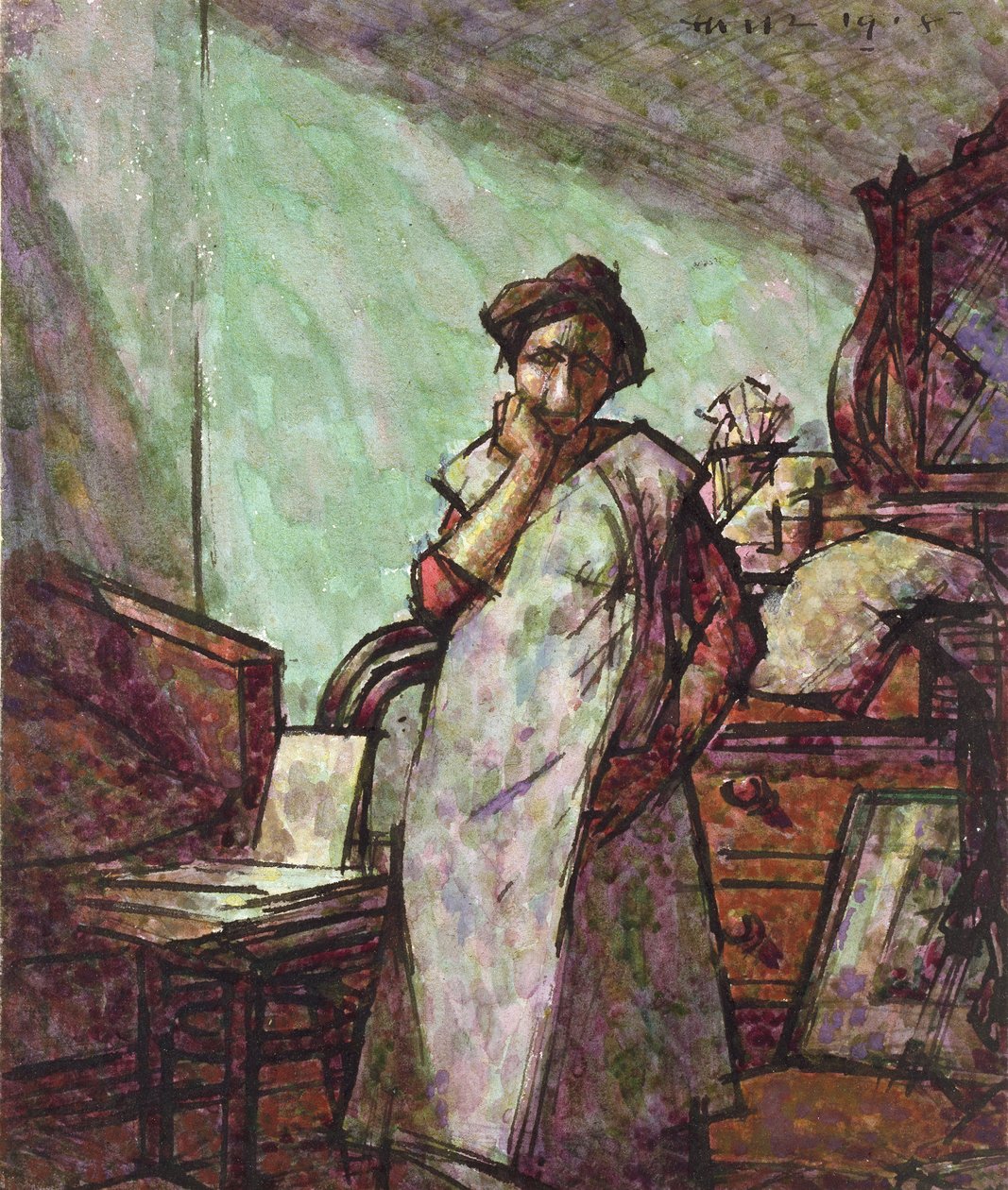 Interiør med fru Mounter i en overall, 1. december 1918 af Harold Gilman