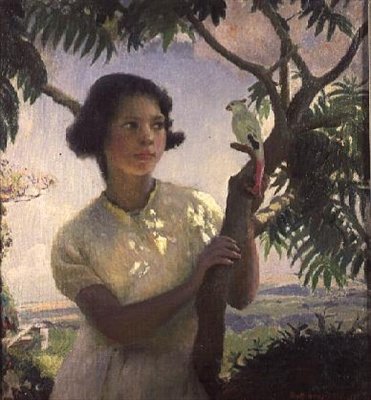 Pige med en legetøjspapegøje af Harold Harvey