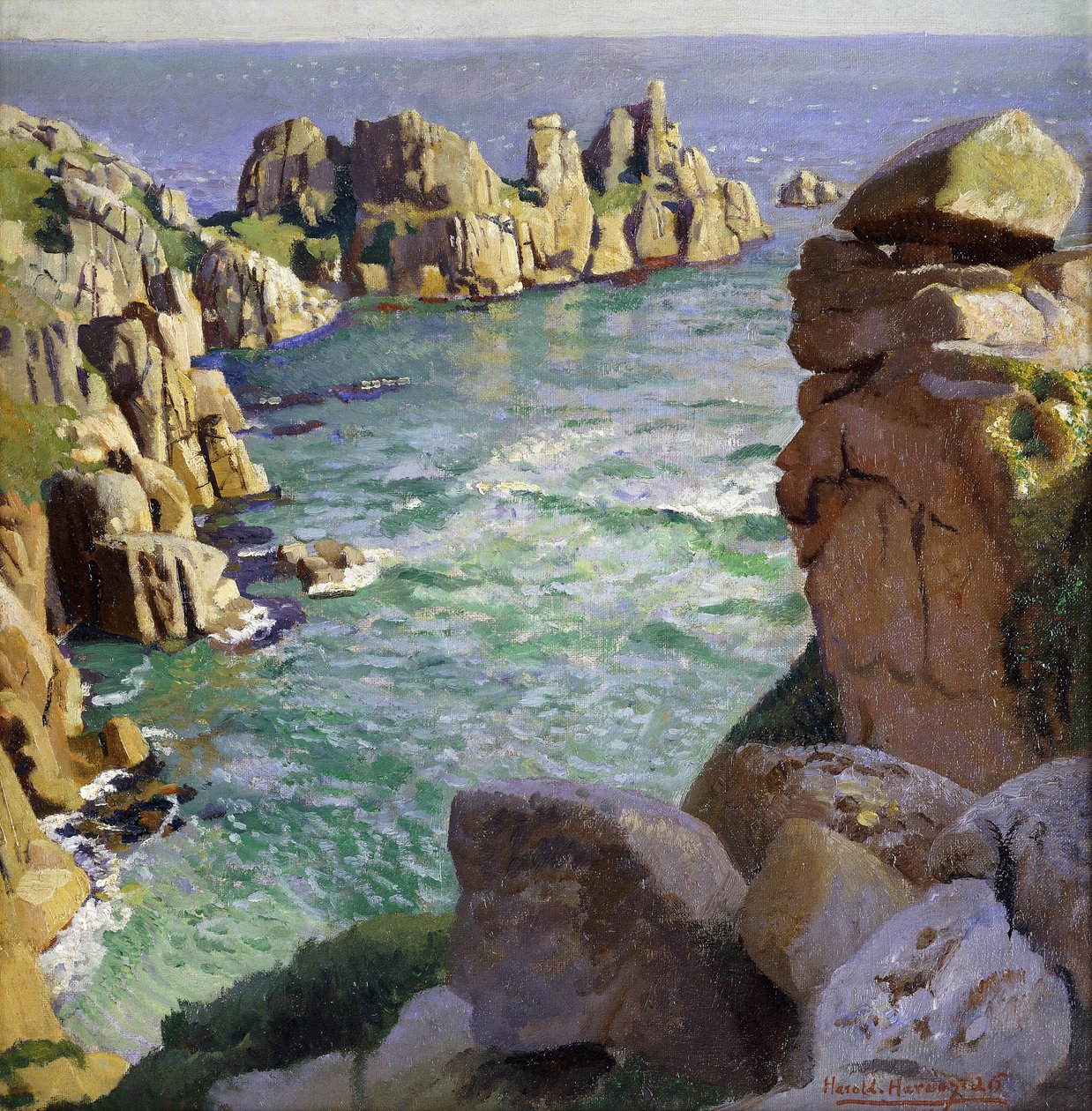 Logans Rock, Porthcurno Beach, Cornwall af Harold Harvey