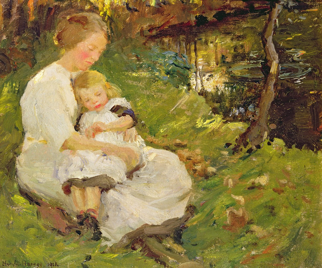 Mor og barn i et skovklædt landskab af Harold Harvey