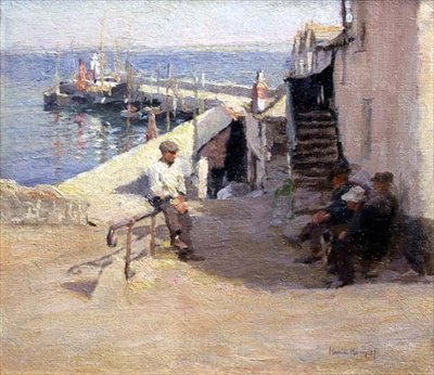 Newlyn Street Scene (olie på lærred) af Harold Harvey