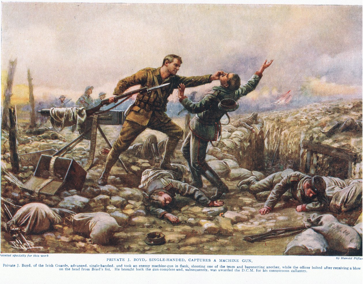 Menig J. Boyd fanger et maskingevær med en hånd, illustration fra "Deeds that Thrill the Empire", udgivet af Hutchinson und Co., ca.1920 af Harold Hume Piffard