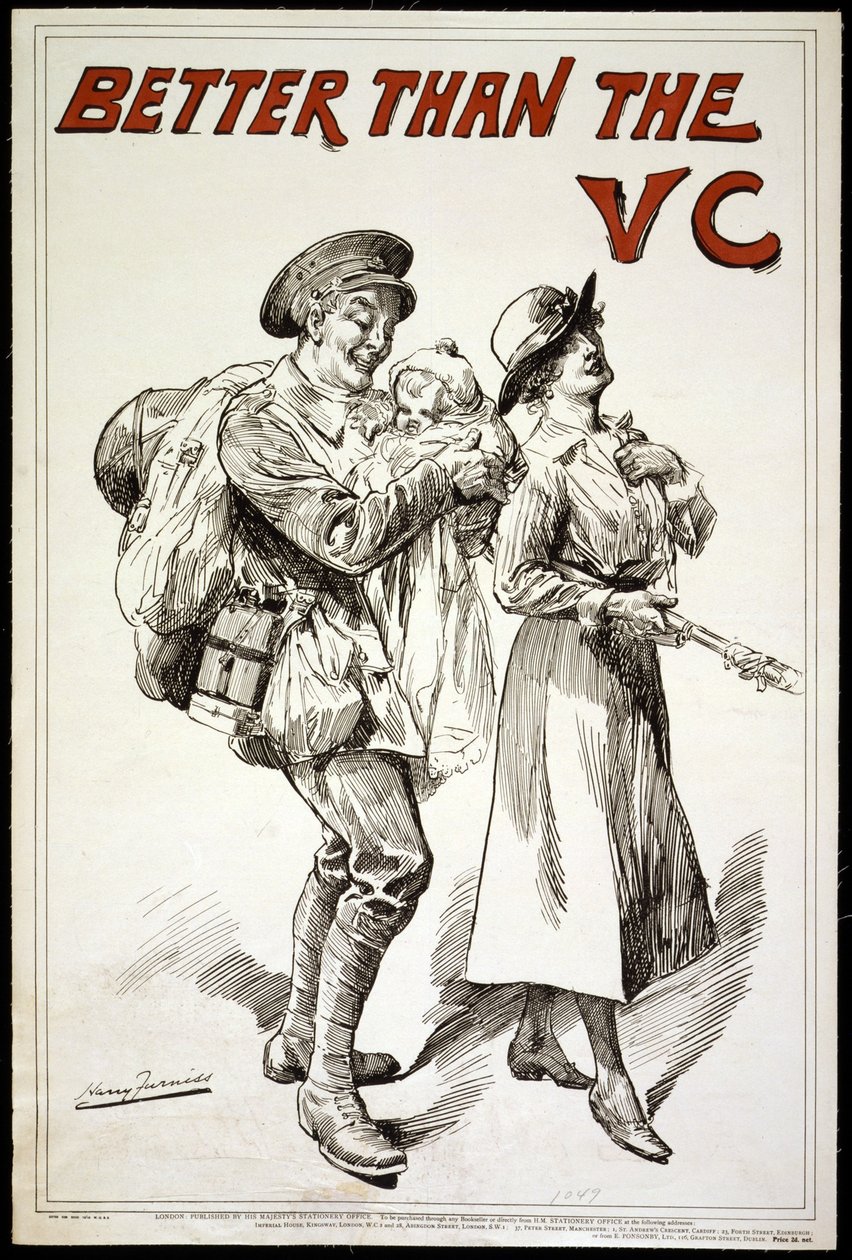 Bedre end VC. (dvs. Victoria Cross) - Plakat, der viser en soldat, der holder en baby, mens han følger sin kone.1918 af Harry Furniss