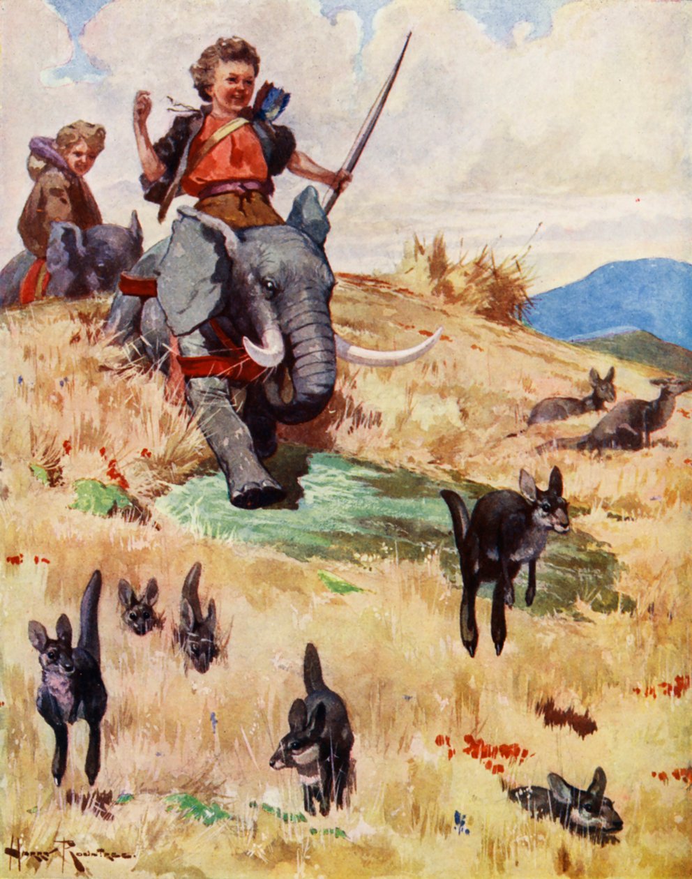 Jagt på kænguruer (farvelitografi) af Harry (1878-1950) Rountree