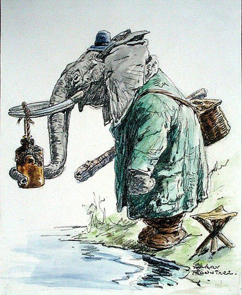 Elefanten fisker (pen, blæk, akvarel og kul på papir) af Harry Rountree