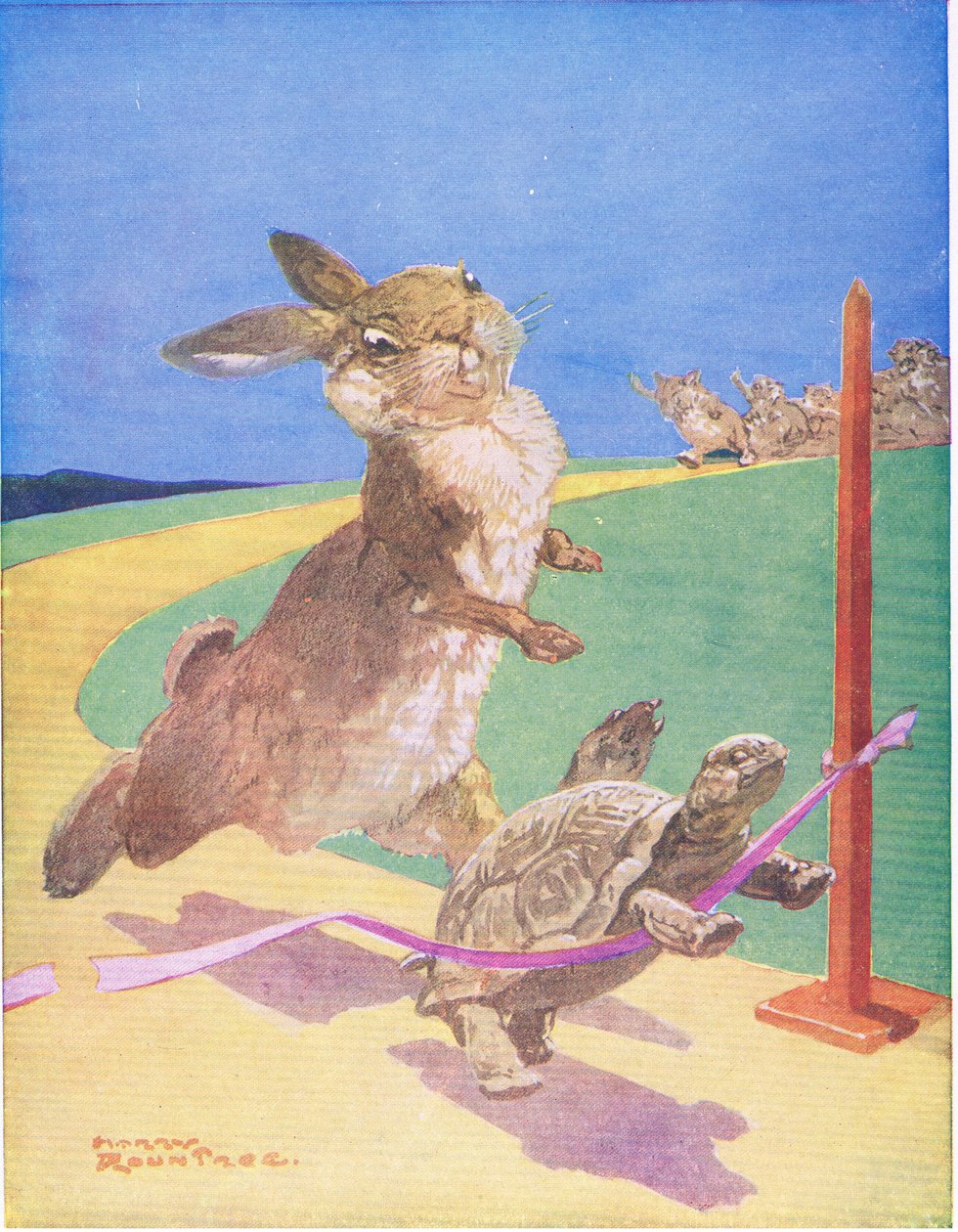 Haren og skildpadden (farve litho) af Harry Rountree