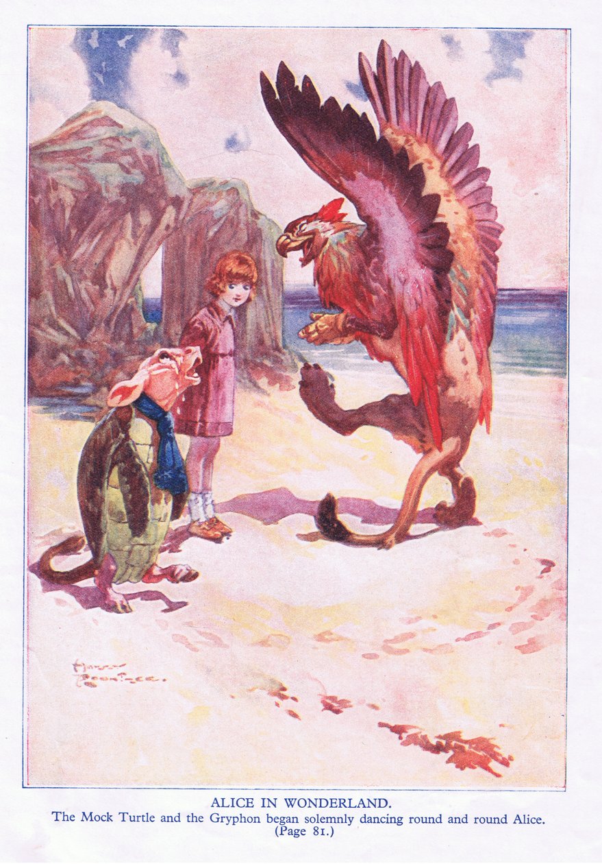 Den falske skildpadde og Gryphon begyndte højtideligt at vende rundt og rundt Alice (farve litho) af Harry Rountree