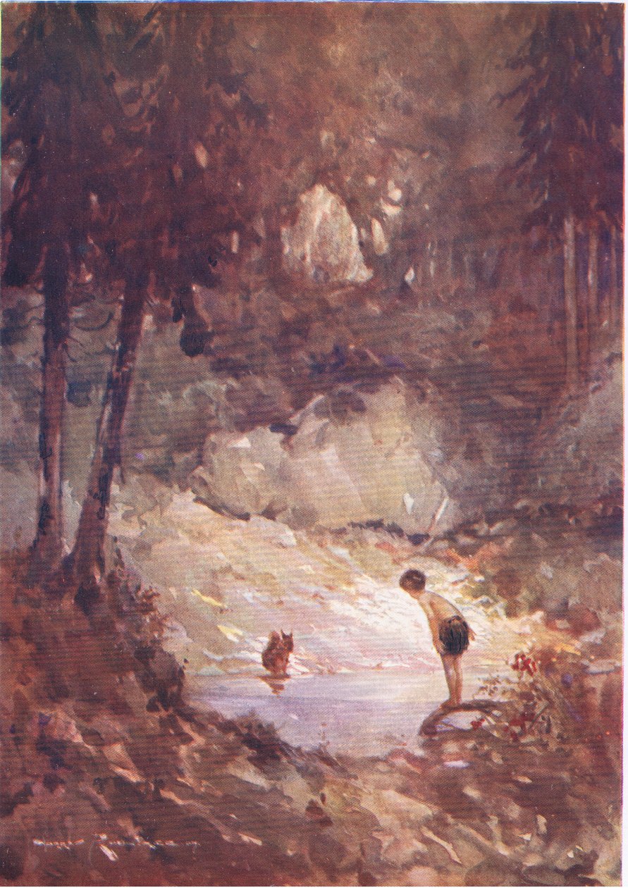 "Du kan lige så godt springe ind nu," sagde egernet til Gilbert (fra The Forest Foundling) (farve litho) af Harry Rountree