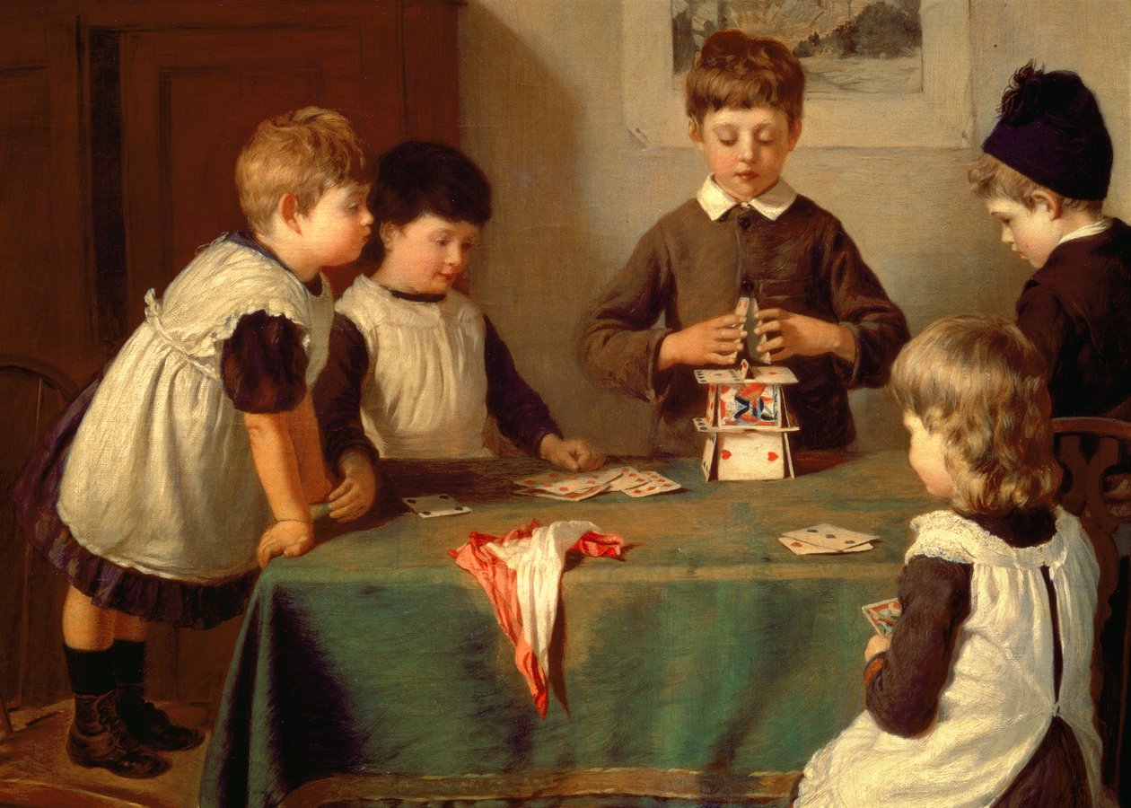 Et kritisk øjeblik, detalje af børn, der bygger et korthus af Harry Brooker