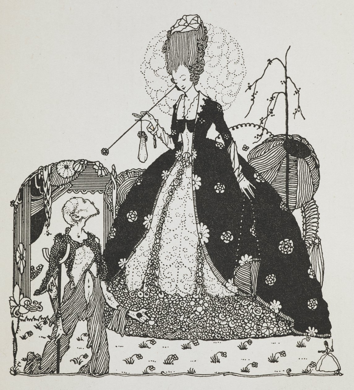 En dame kigger ned på en bonde og tigger om penge. af Harry Clarke