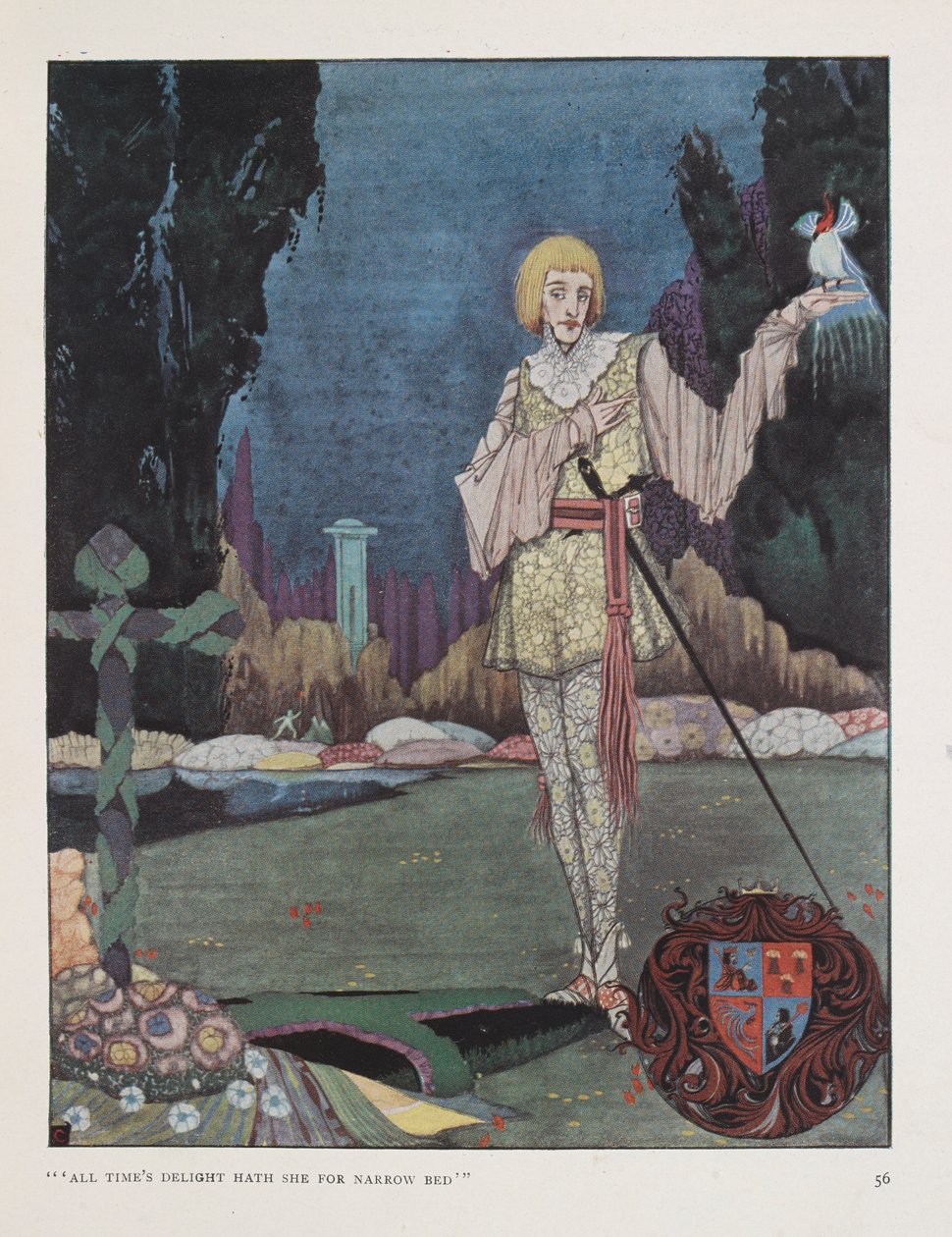 "Alle tiders glæde har hun for smal rød." Illustration til sangen om den gale prins af Walter de la Mare. af Harry Clarke