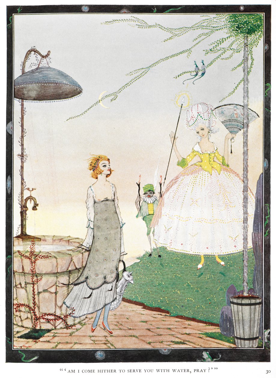"Er jeg kommet her for at tjene dig med vand, bed?" Illustration til historien, "feen." En ung kvinde møder en fe med udseende som en velklædt dame. af Harry Clarke
